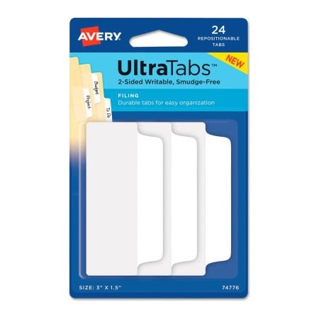 Avery Dennison Avery Ultra Tabs Repositionable Tabs, 3in x 1-1/2in, White, 24/Pack 74776